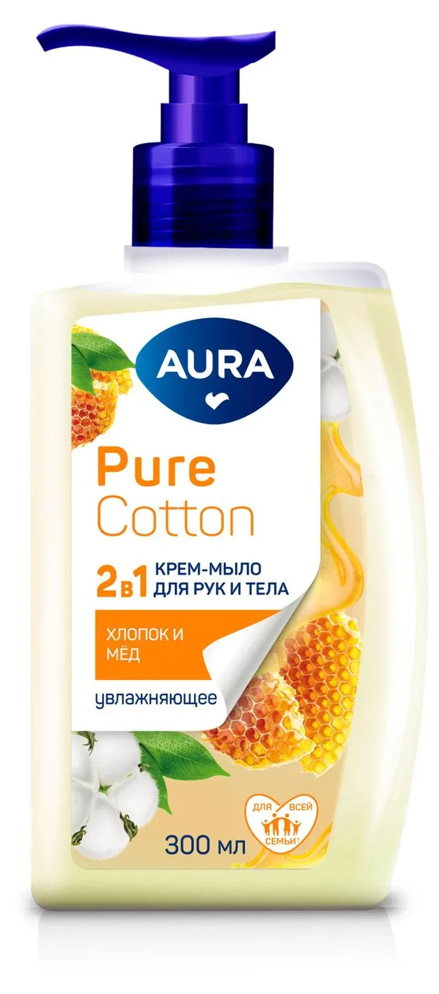 Жидкое крем-мыло для рук и тела 2 в1 "Aura Pure Cotton" КУРОК (300 мл) Хлопок и Мед (12 шт/ящ)