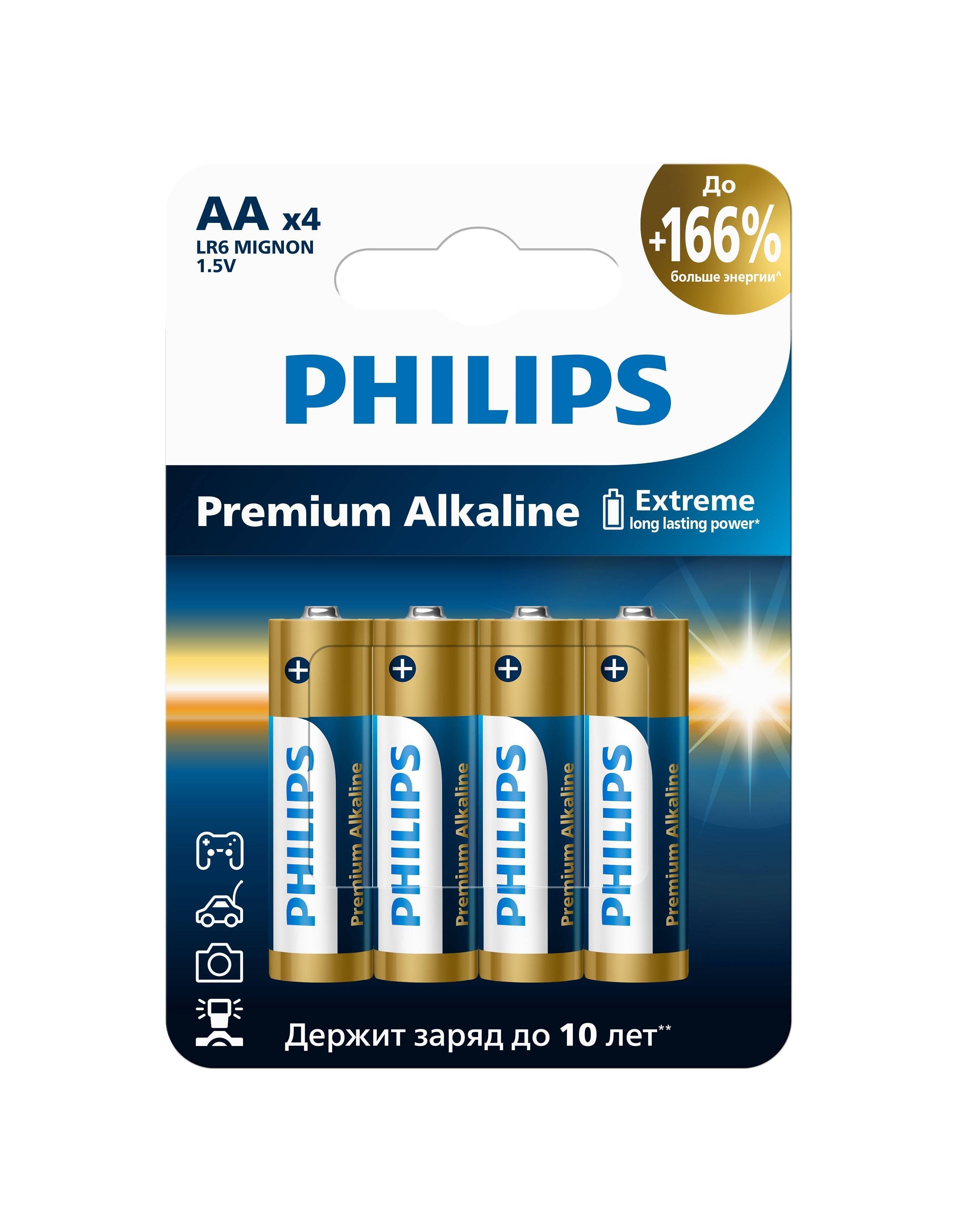 Батарейки Philips LR6P4B/51 AA алкалиновые 1,5v 4 шт. LR6-4BL Power (4/48/144/18432)