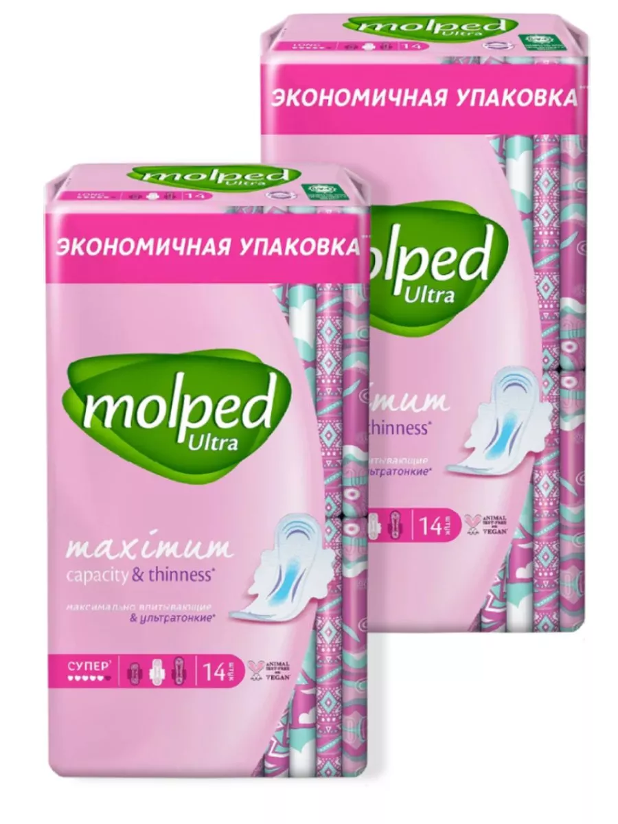 Прокладки УЛЬТРАТОНКИЕ с крылышками "Molped Ultra" DUO (14 шт/упак) 5 капель / Super / для обильных