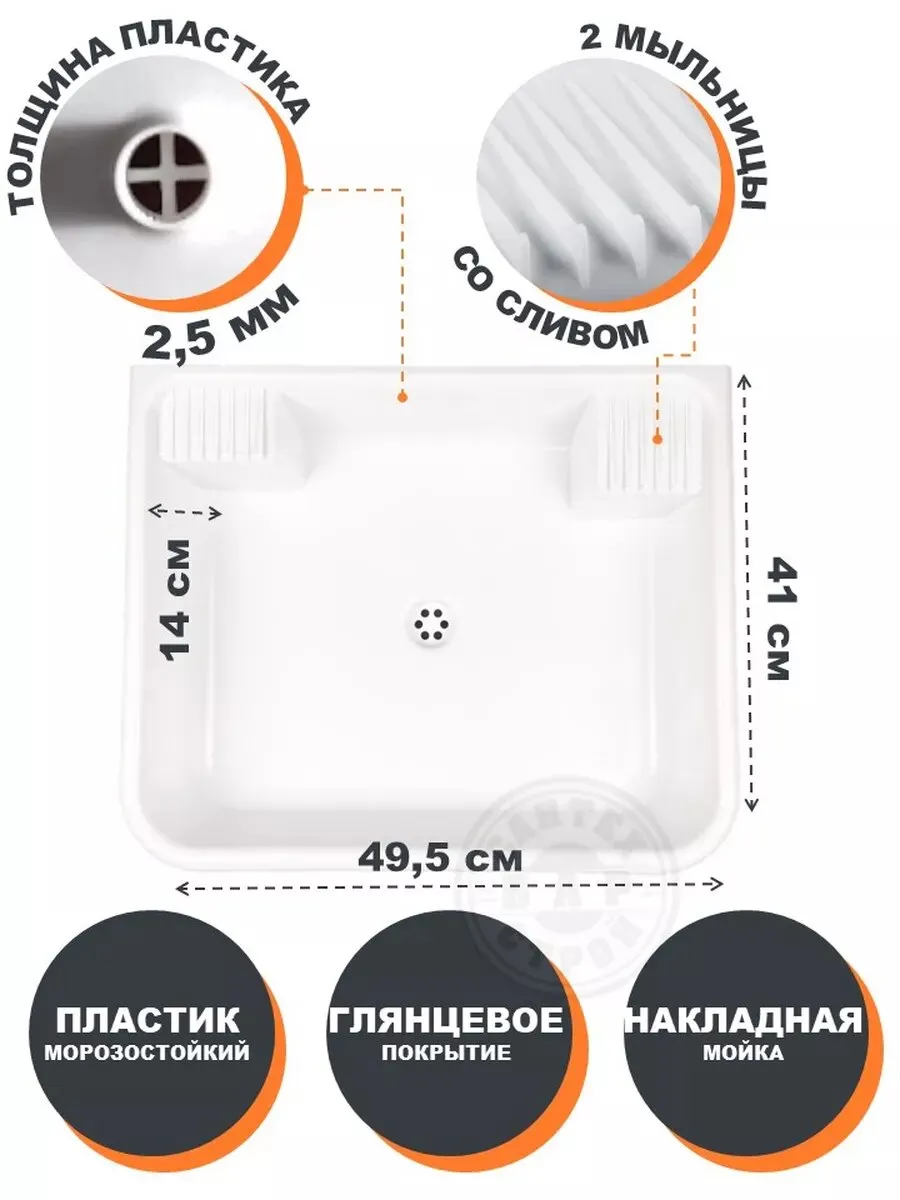 Мойка пластиковая накладная Д41хШ49,5хВ14см вып 1 1/2 (полипропилен) (уп.15)