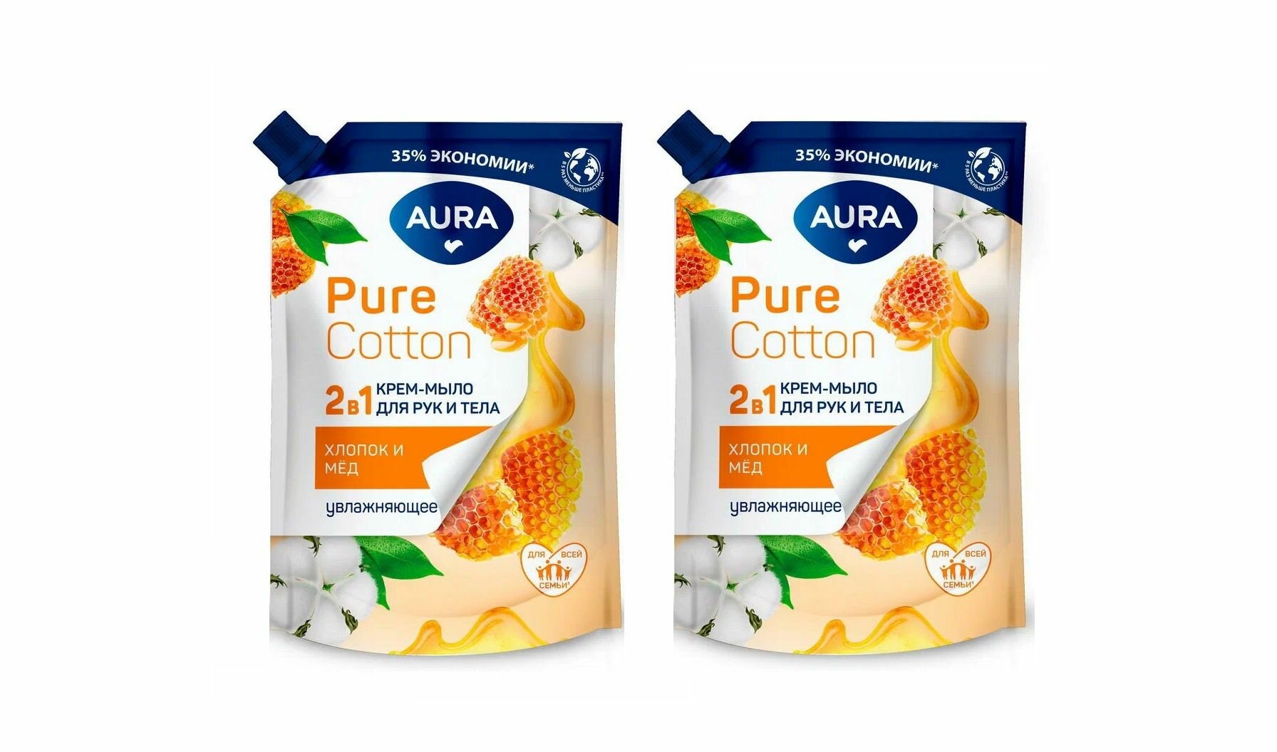 Жидкое крем-мыло для рук и тела 2 в1 "Aura Pure Cotton" ДОЙ-ПАК (850 мл) Хлопок и Овсяное молочко (6