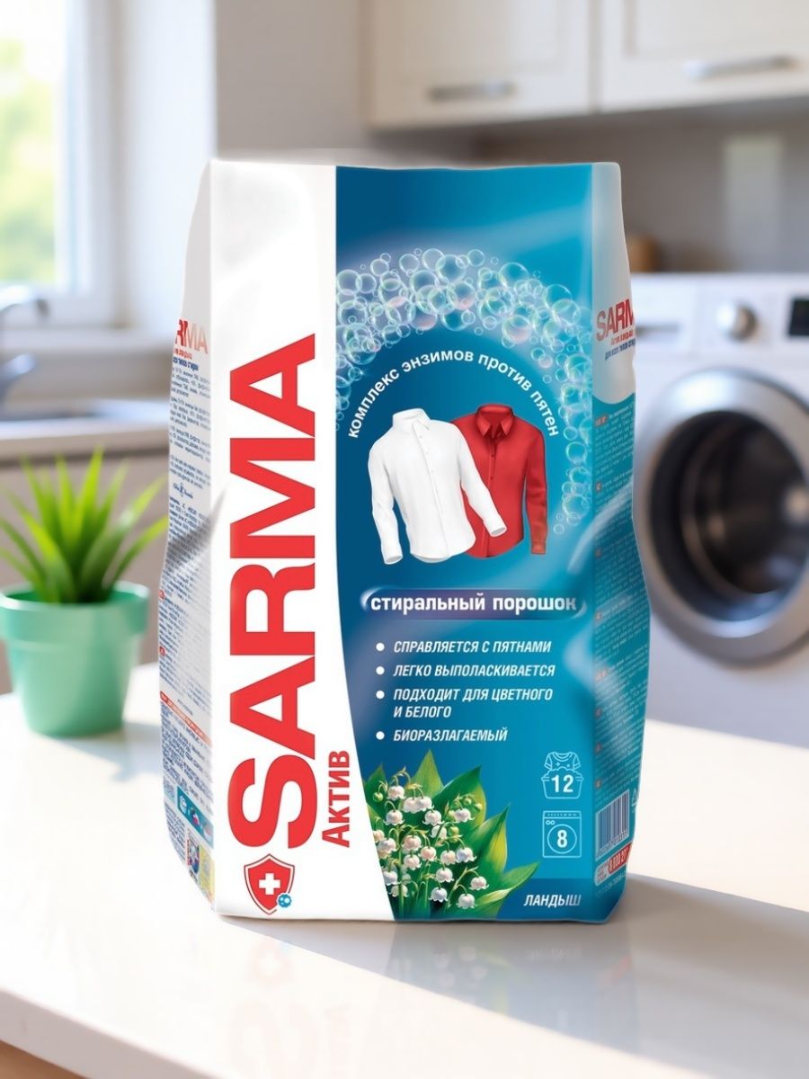 Стиральный порошок УНИВЕРСАЛ "Sarma Active" ПАКЕТ (800 гр) для ВСЕХ типов белья / Ландыш (16 шт/ящ)